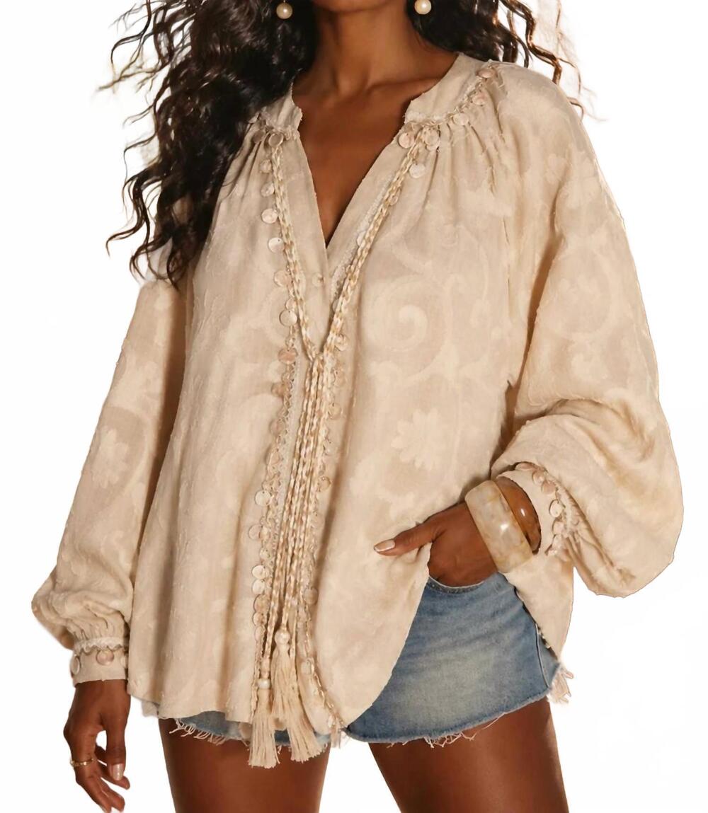 NEW SURELYMINE seaside pearl embellished boho blouse in beige